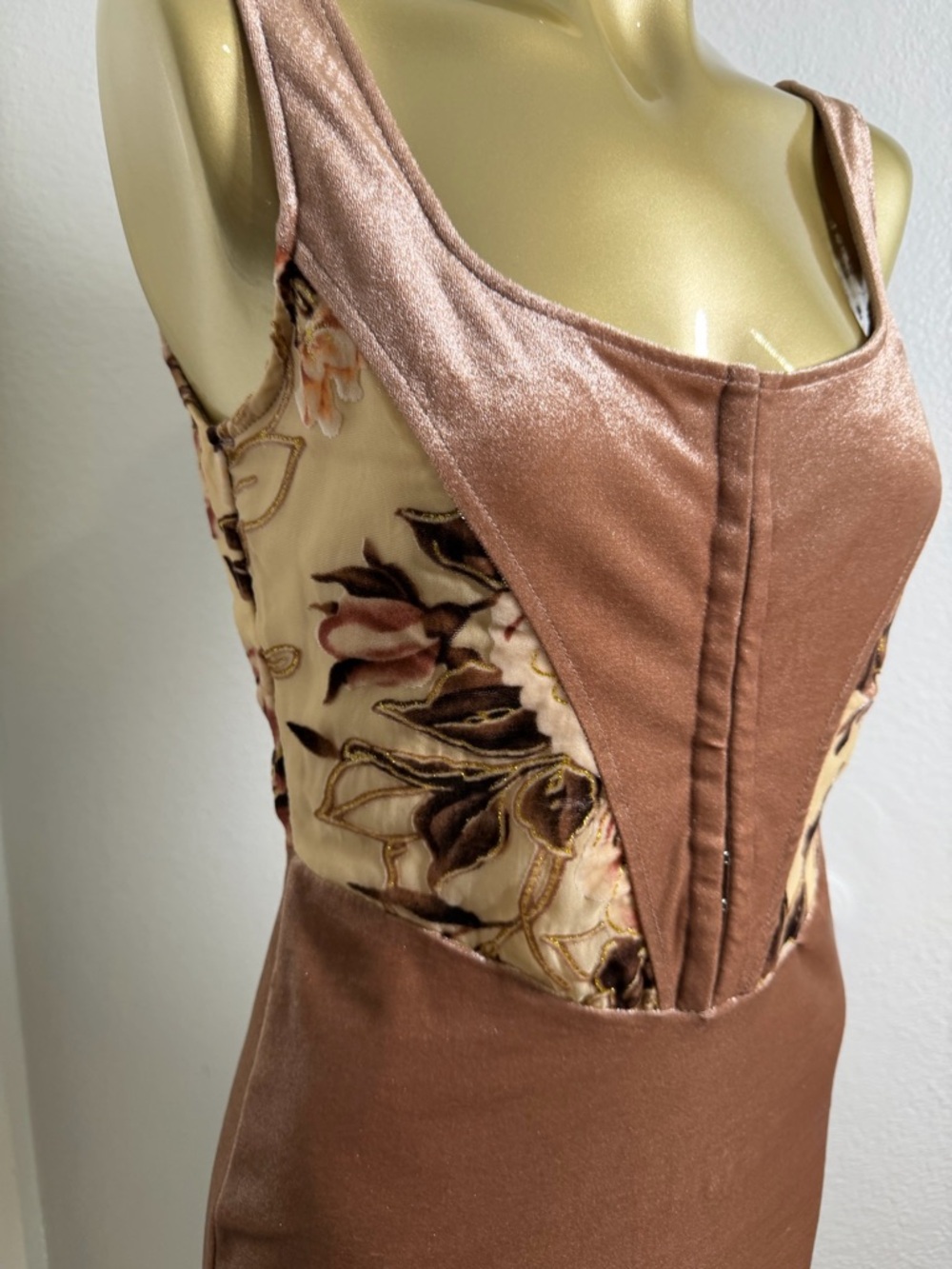 Windsor Rose Gold Velvet Corset Mini Dress with Floral Side Panels - Picture 4 of 7